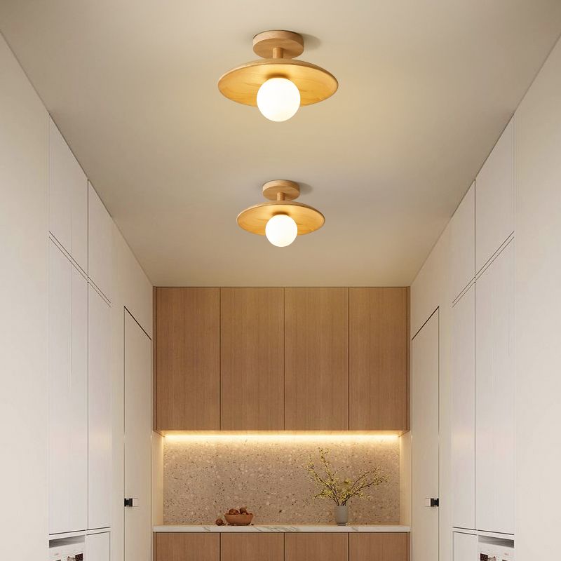 1-Light Ceiling Light Wooden Ceiling Mount Light with Glass Shade for Bedroom