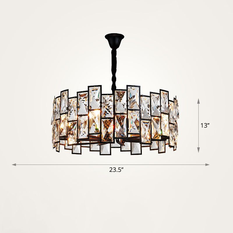 6-Light Living Room Chandelier Modern Black Pendant Light with Drum Crystal Shade
