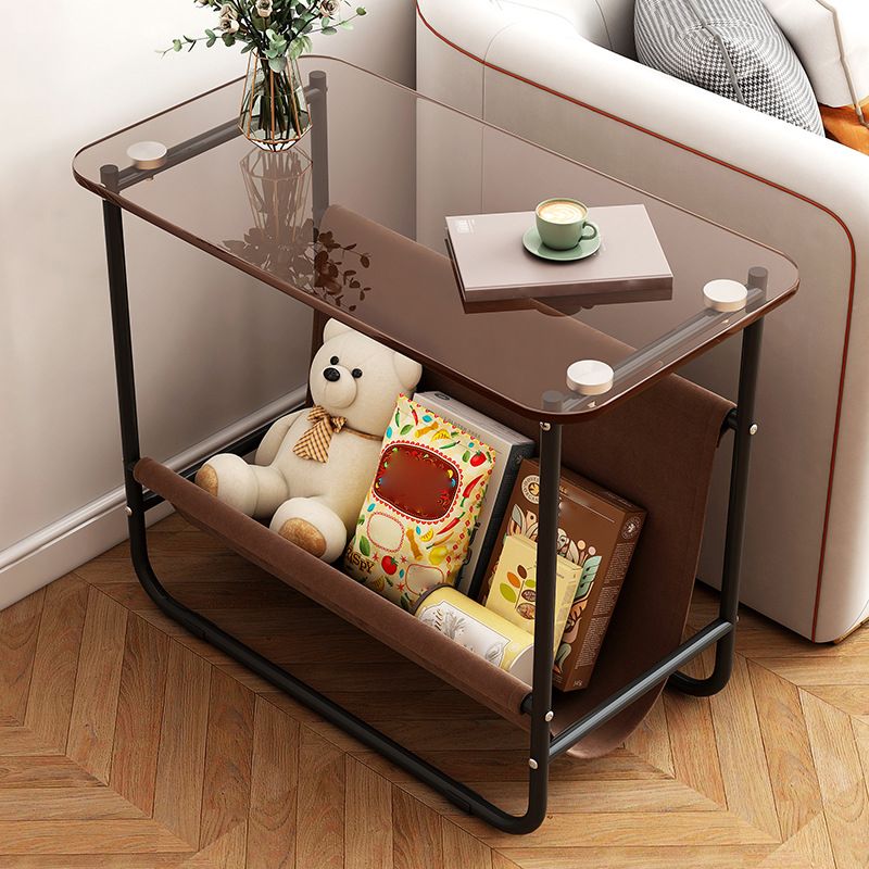 Contemporary Brown Glass Top Side Table Steel Sled Base End Table