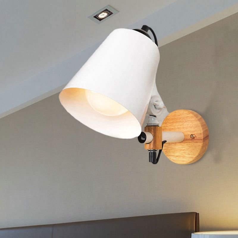 Bucket Shade Metal Wall Lamp Modernism 1 Light Corridor Wall Mount Light with Wooden Backplate in Black/White