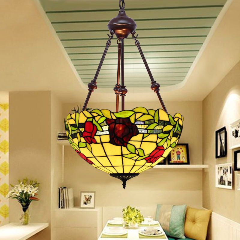 Lampadario del soffitto del soffitto ciotola vetrata mediterranea 2 luci rosse/giallo/verde appesa a sospensione Luce