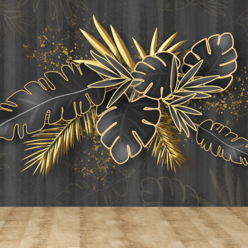 Botanical Leaf Pattern Mural Wallpaper Gold Tropical Wall Covering for Living Room