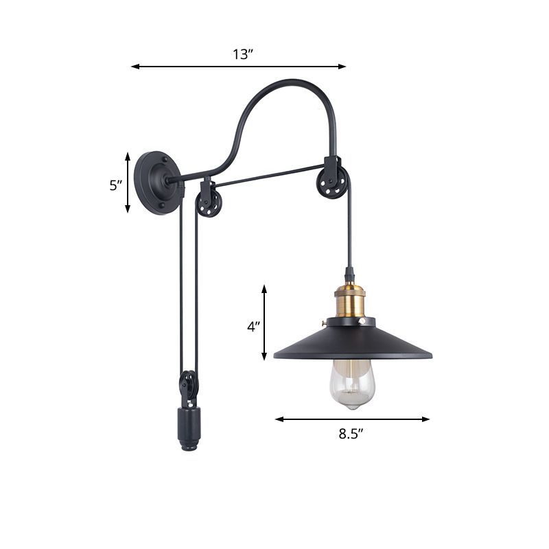 Wide Flare Metal Sconce Lighting Industrial Single Bulb Dining Room Wall Mounted Lamp in Black with Pulley