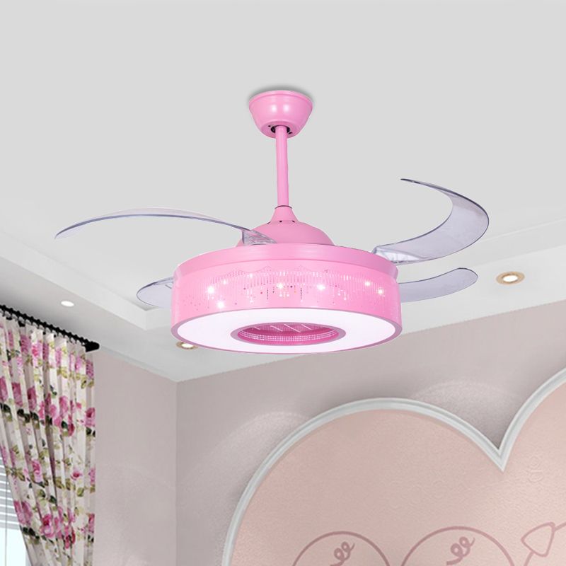 4 Blades Metallic Ring Semi Flush Lighting Modern 36 "W LED Hanger Fan Lamp armatuur in roze/blauw met uitgehold ontwerp, muur/afstandsbediening