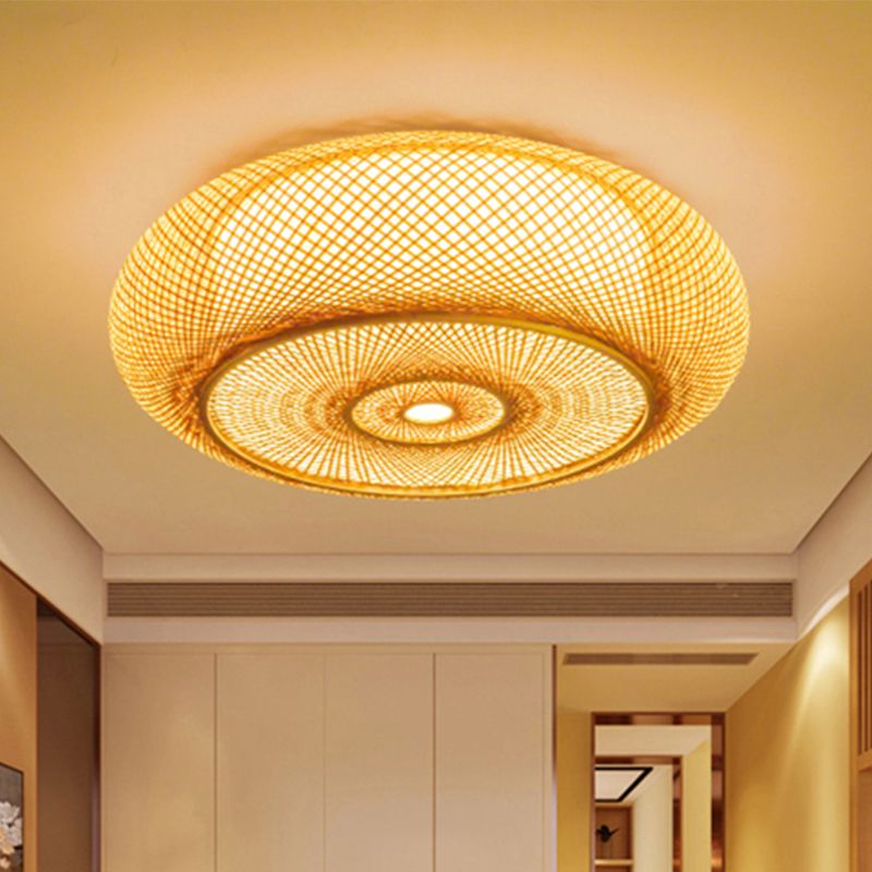 Lámpara empotrada hecha a mano para dormitorio, bambú, 16"/19,5" W, 3 luces, luz empotrada en el techo con pantalla redonda en color beige