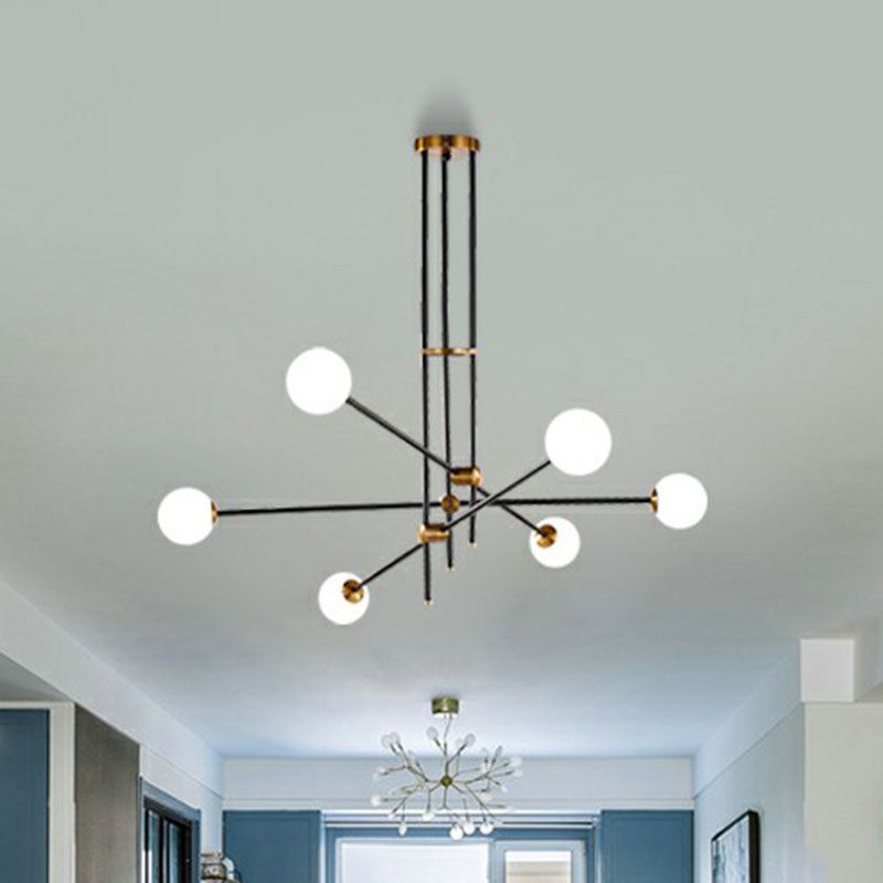 Simplicity Linear Chandelier Metal Living Room Pendant Lighting with Ball White Glass Shade in Black