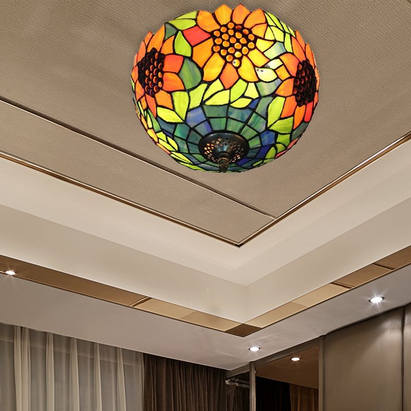 Orange Bowl Ceiling Light Fixture Stained Glass 1 Light Splendid Flushmount Light with Flower Pattern for Living Room