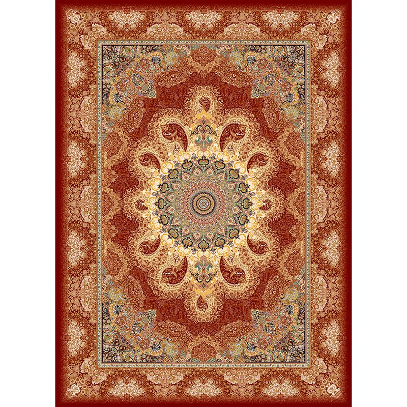 Tono rojo alfombra tradicional poliéster círculos concéntricos alfombra alfombra de cuidado fácil para sala de estar