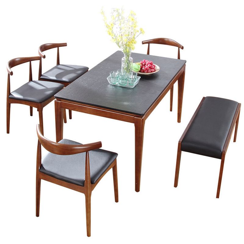 Rectangle Stone Top Table Mid-Century Modern Dining Table with 4 Wood Legs