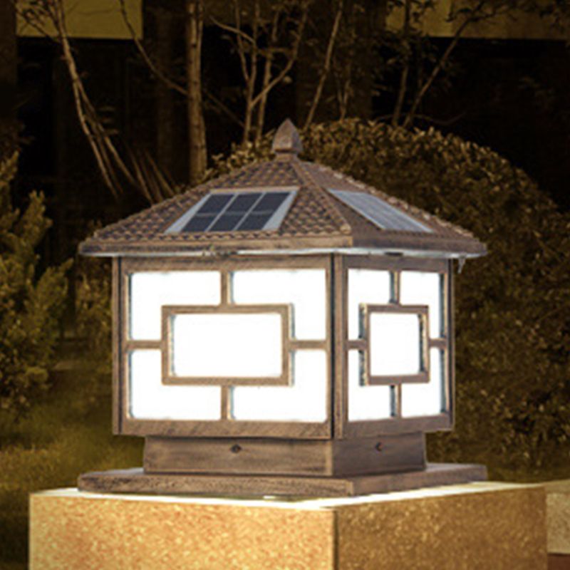 Metal Pillar Lamp Patio Solar Energy Outdoor Light with Acrylic Shade
