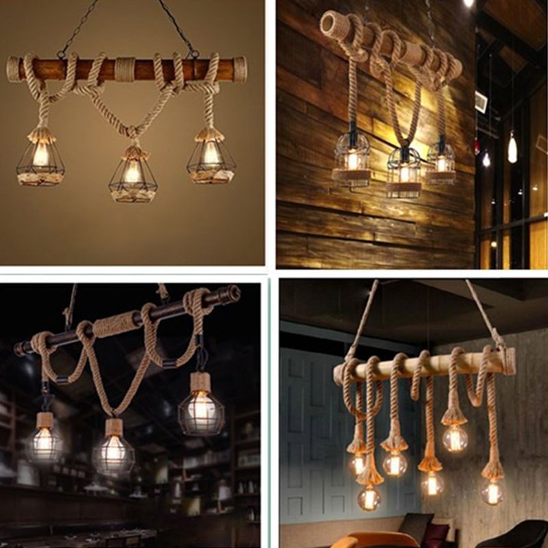 Hemp Rope Pendant Lamp Industrial Style Beige Linear Restaurant over Island Lighting