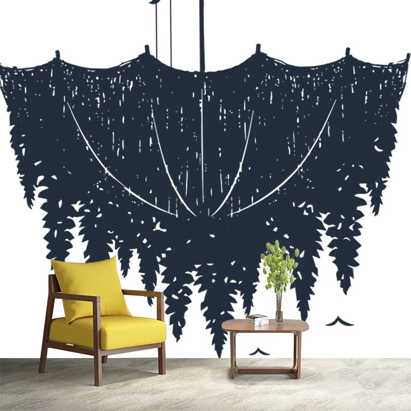 Novelty Forest on Umbrella Mural Wallpaper for Bedroom Custom Wall Decor in Black-White