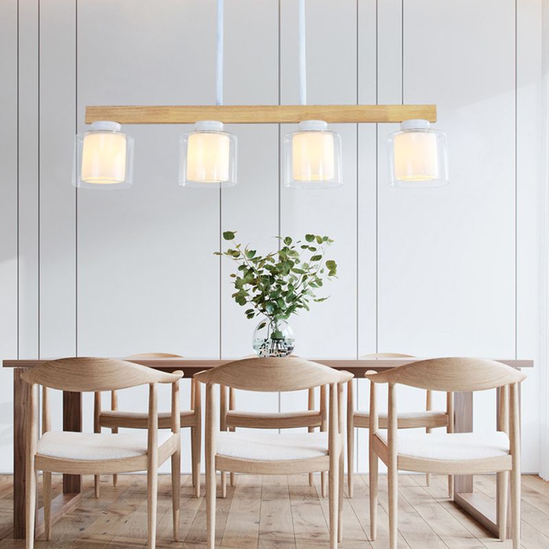 Modern 4-Light Wooden Island Lighting Design with Clear Glass Shade