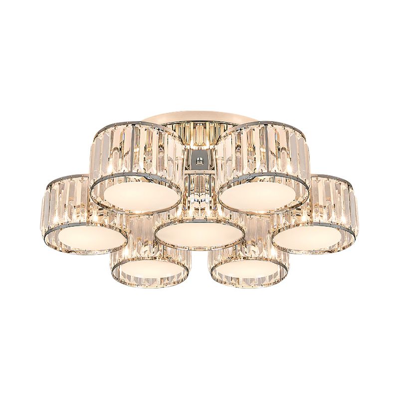 Crystal Drum Flush Mount Modernist 3/5/7 Heads Living Room Ceiling Lamp in Chrome Finish
