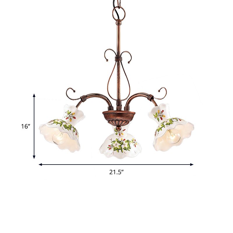 Spur Pendant Chandelier Traditional Frosted Glass 3/5 Bulbs Rust Hanging Ceiling Light with Flower Disk Shade