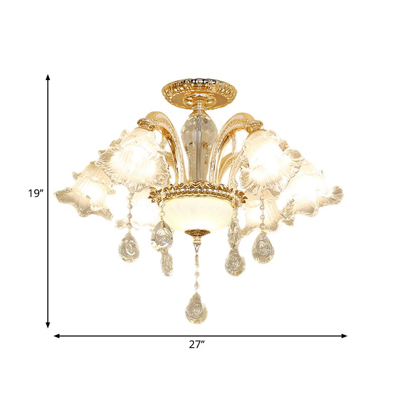 Hand-Cut K9 Crystal Flower Semi Flush Mid Century 6 Lights Bedroom Flush Ceiling Light Fixture in Gold