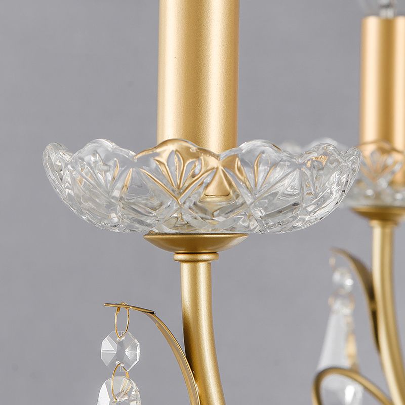 Messing Tränendrop Kronleuchter Lampe Land Metall 8 Glühbirnen Wohnzimmer Anhänger Light Kit mit baumelnden Kristall