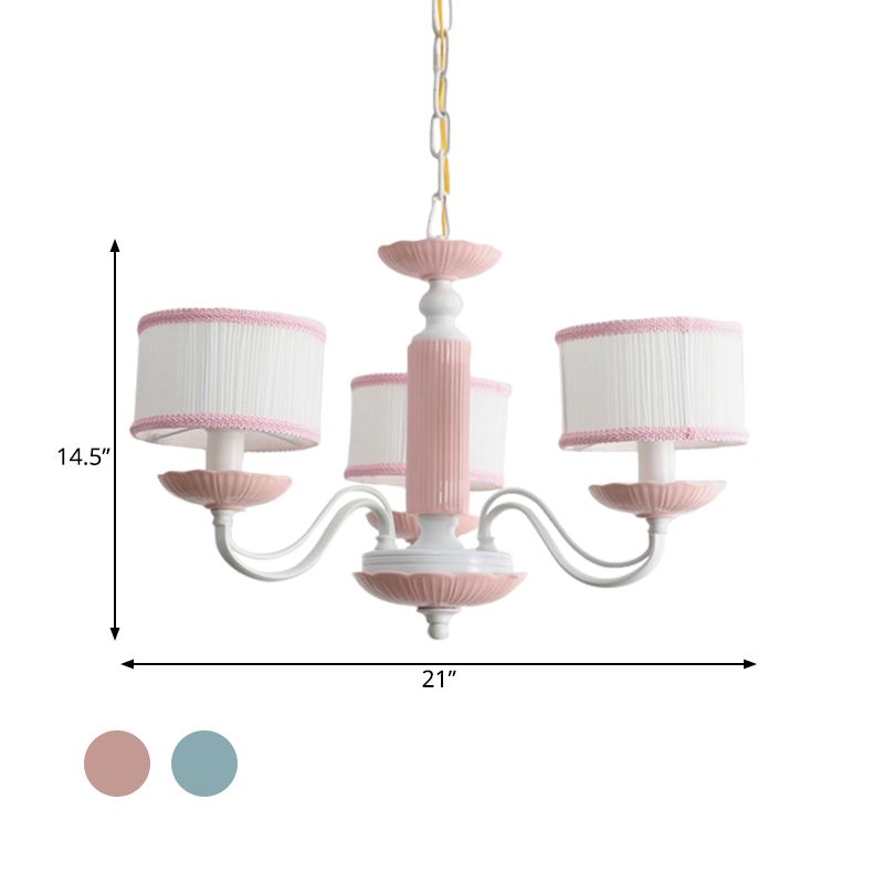 Macaroon 3/6 Bulbs Pendant Light Pink/Blue Drum Chandelier Lighting Fixture with Fabric Shade