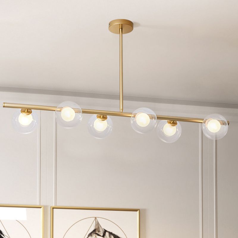 Linear Island Light Fixture Nordic Metal 6 Heads Gold Hanging Lamp with Globe Clear Glass Shade
