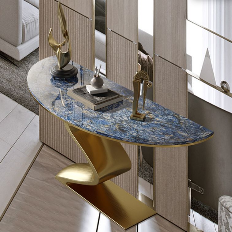 Glam Blue Console Table Half Moon Console Sofa Table for Hall