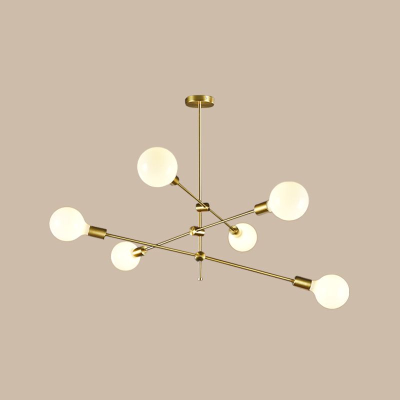 Rotatable 3-Arm Chandelier Minimalism White Ball Glass 6 Bulbs Gold Suspension Pendant Light