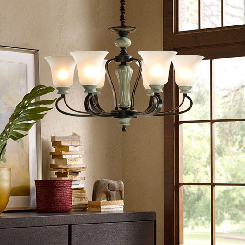 6/8 Heads Frosted Glass Chandelier Traditional Black Finish Bell Living Room Pendant Light Kit with Swirl Arm