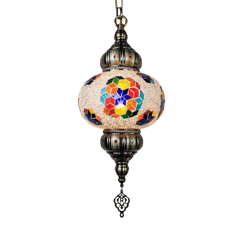 Stained Glass Oval Hanging Light Kit Traditional 1 Head Bedroom Pendant Lighting in White/Red/Orange