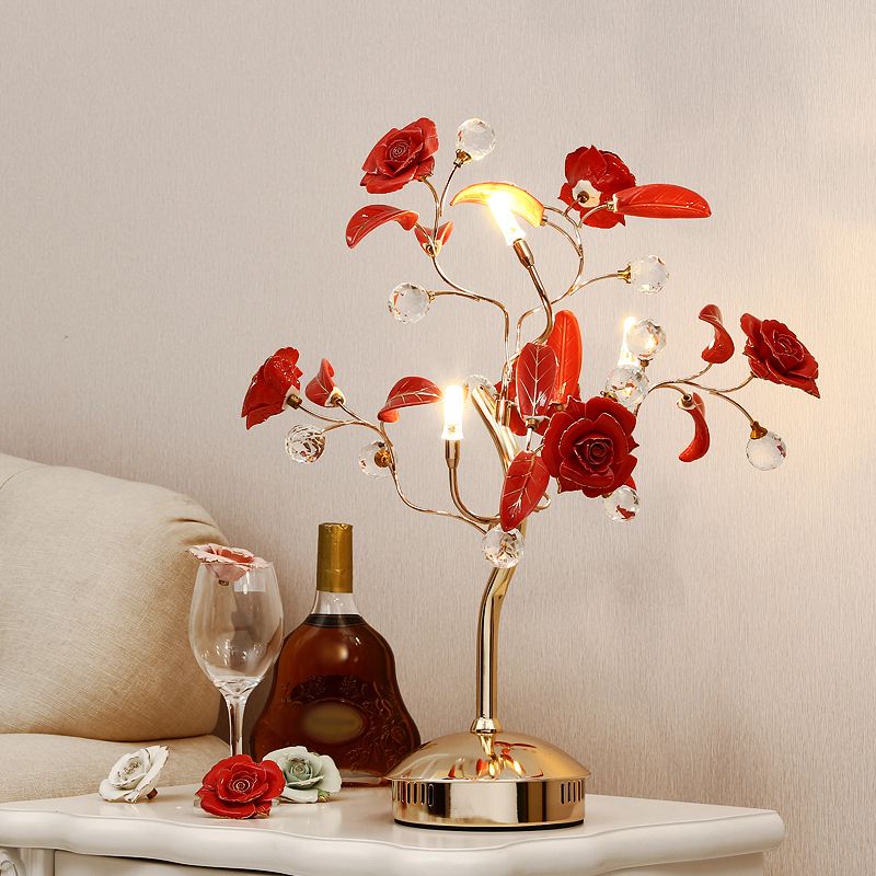 Pastoral Rosebush Table Lighting Ceramic Nightstand Lamp with Crystal Decor for Bedside