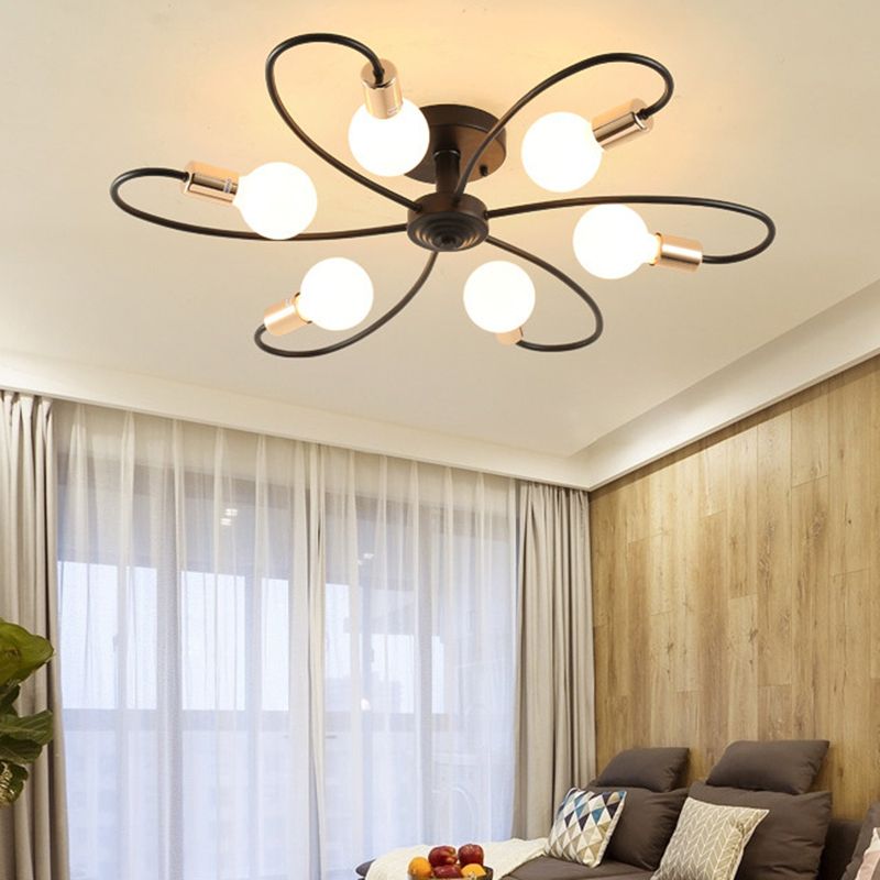 Metal Semi Flush Mount Light Vintage Black Exposed Bulb Living Room Semi Flush Light Fixture