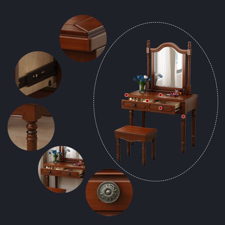 Traditional Mirrored Vanity Set Solid Wood Dressing Table with Stool