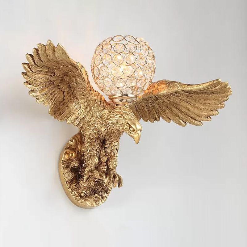 Eagle Living Room Wall Light Fixture Rustic Resin Single Head Gold Wall Sconce Lighting with Orb K9 Crystal