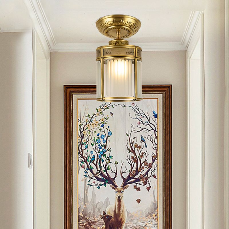 1 Light Metal Semi Mount Lighting Traditional Brass Cylinder Corridor Ceiling Lamp