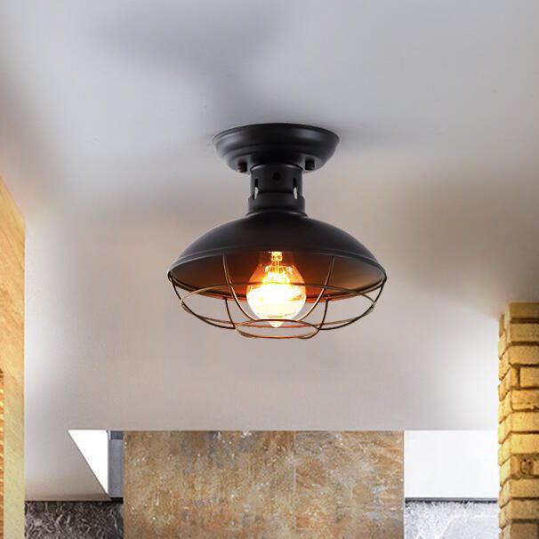 Black Shaded Semi Flush Light Fixture Industrial Metal Aisle Ceiling Light
