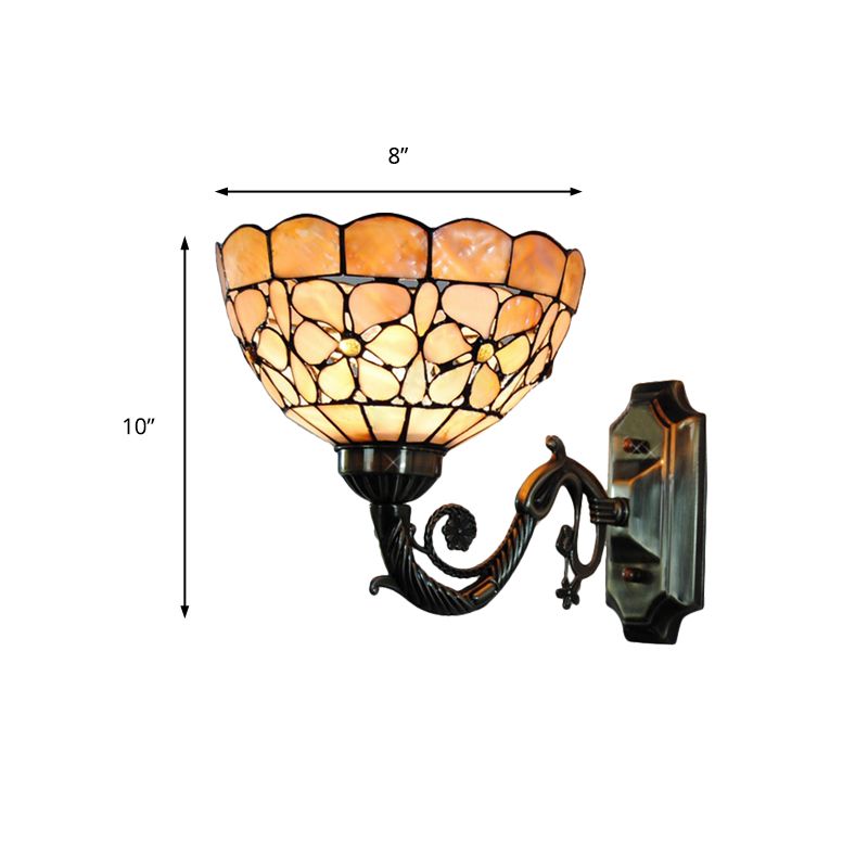 1 Head Wall Light Fixture Tiffany Bowl Orange Shell Sconce Light with Curved Arm