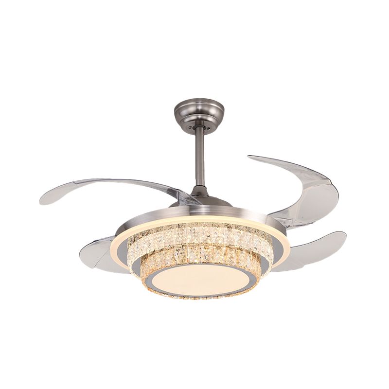 Silver LED 4-Blade Semi Flush Light Minimalist Crystal Tapered Cone Pendant Fan Lighting, 19.5" W