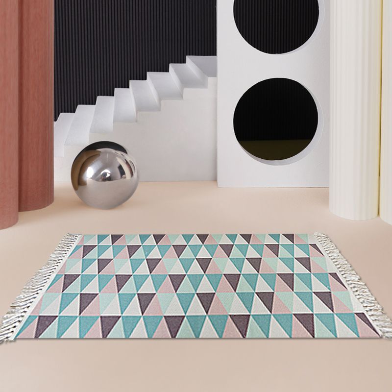 Blue Bedroom Rug Modern Geometric Pattern Rug Cotton Anti-Slip Backing Washable Area Rug