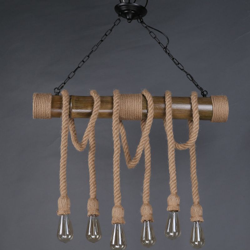 6-Light Hemp Rope Pendant Rustic Beige Exposed Bulb Restaurant Island Light