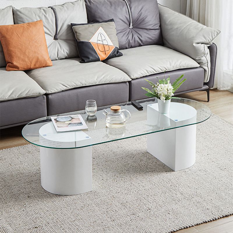 Modern Oval Glass Top Coffee Table with White Wooden Base Cocktail Table