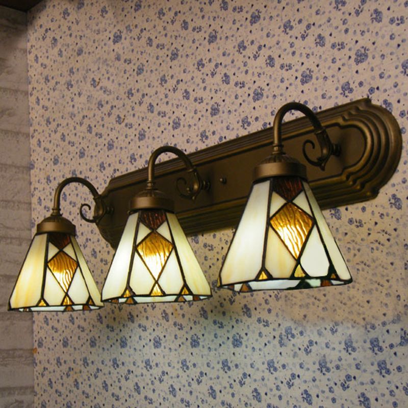 Beige Glass Conical Sconce Light Tiffany 3 Heads Antique Bronze wall Light Fixture