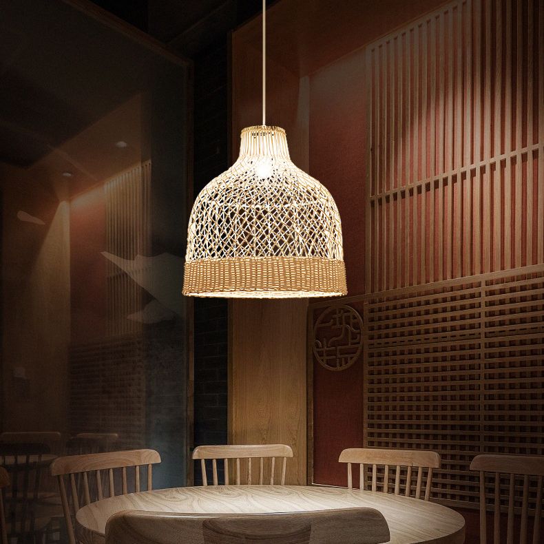 Handwoven Dome Pendant Light Fixture Chinese Rattan Fiber Single Bulb Ceiling Light for Dining Table