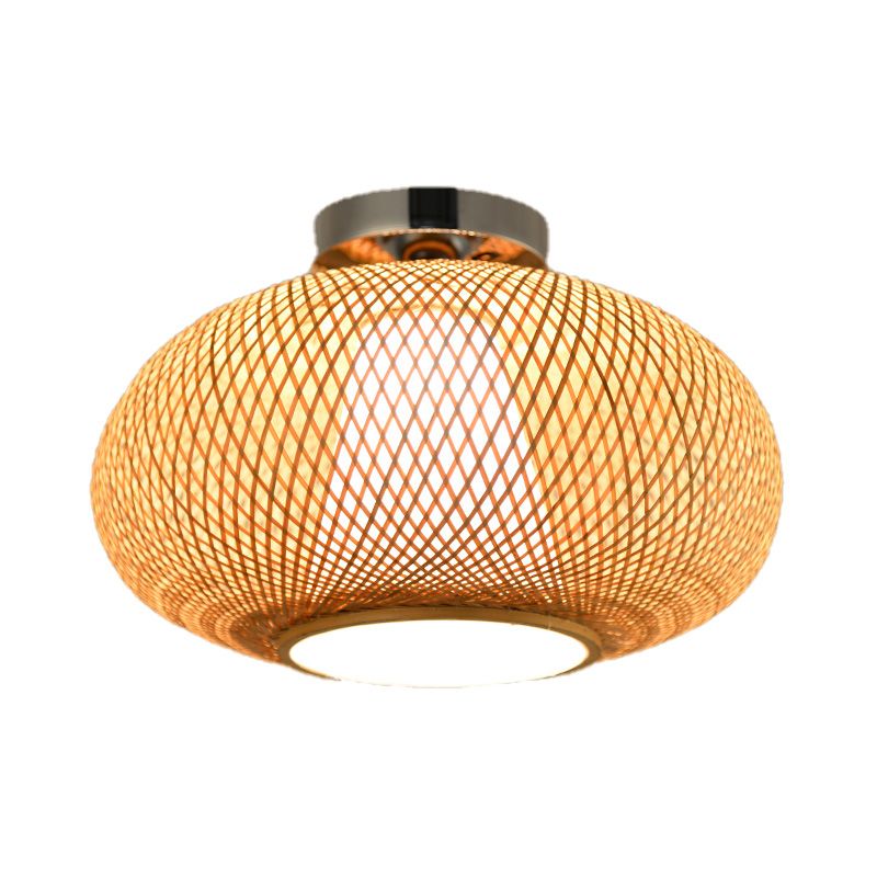 Flaxen Lantern Semi Flush Mount Chinese 1 Head Bamboo Ceiling Mounted Light for Dining Room