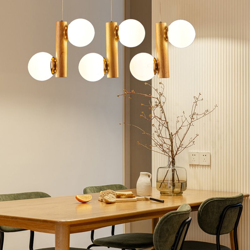 Glass Globe Pendant Chandelier Nordic Wood Hanging Light for Dining Room