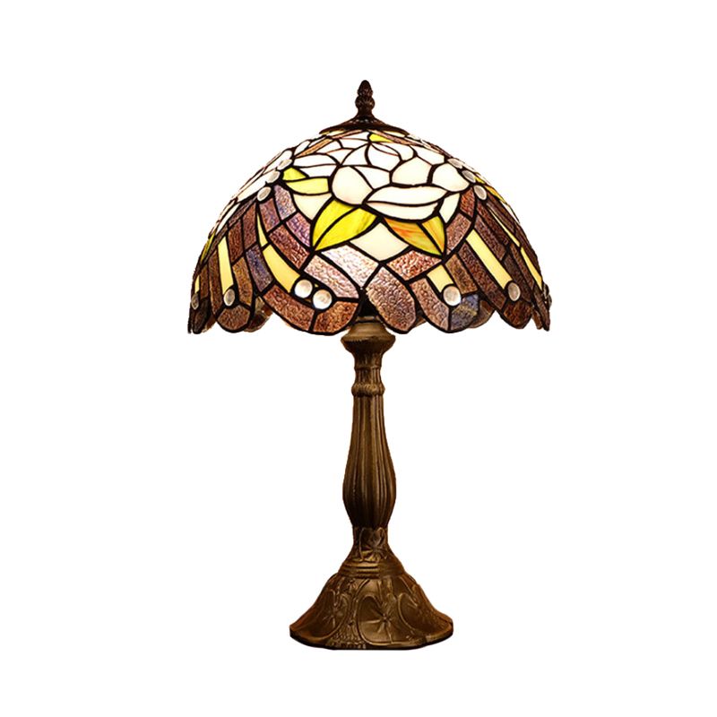 Cut Glass Domed Shade Night Lighting Victorian 1-Light Red/Brown Flower Patterned Table Lamp for Bedside