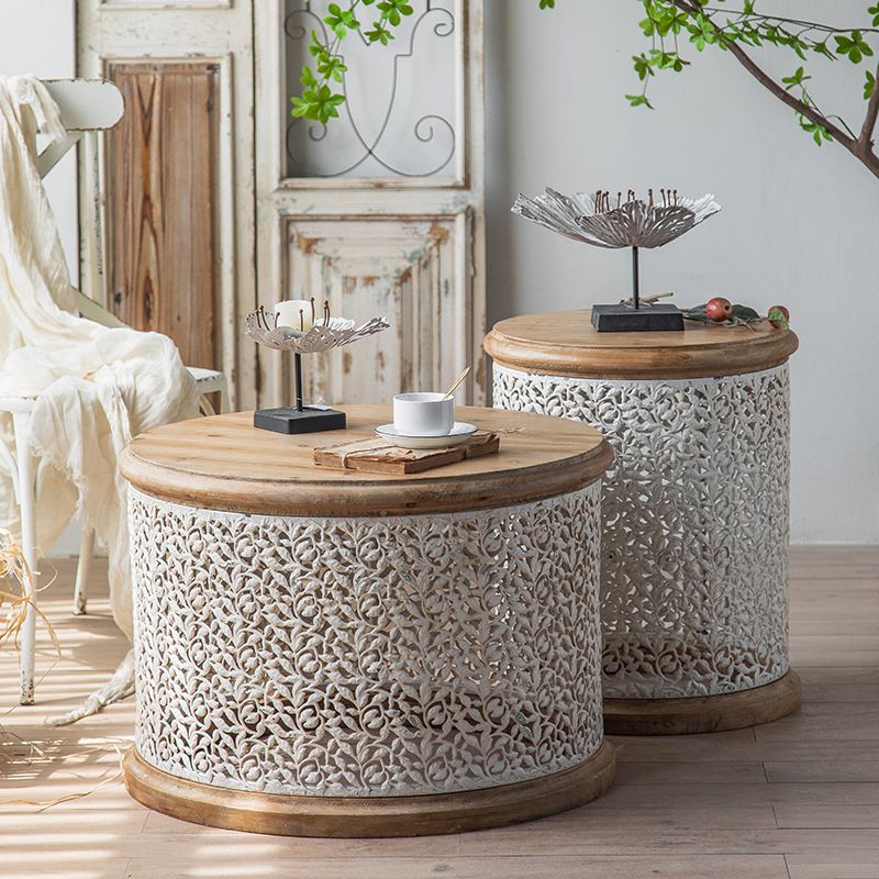 French Country Round Coffee Table with Natural Pine Wood Top