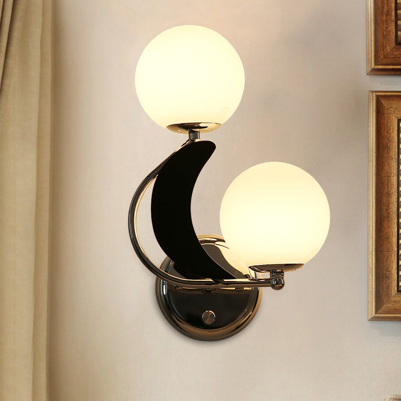 2 Heads Armed Sconce Contemporary Metal Wall Lighting Fixture in Chrome with Milk Glass Shade