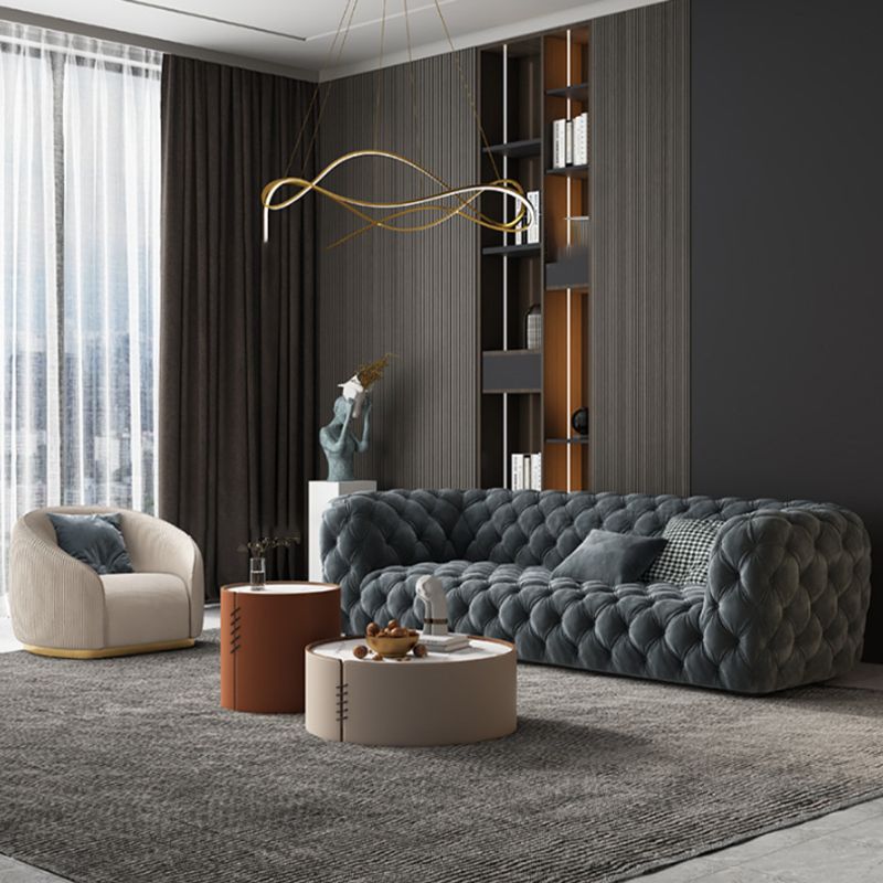 Genuine Leather Tuxedo Arm Sofa 26.8" H Tufted Settee in Blue