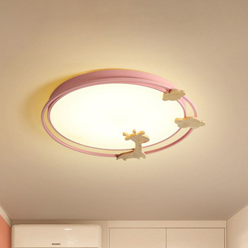 Circular Flush Mount Lighting Cartoon Metallic Kids Bedroom LED Flush Mount Fixture with Wooden Decor