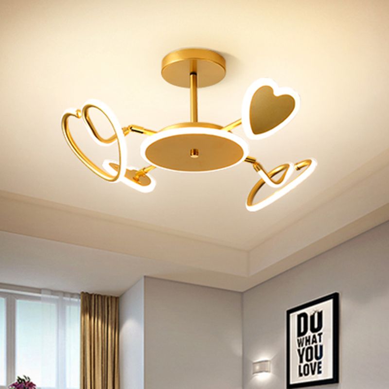 Metallic Loving Heart Semi-Flush Ceiling Light Nordic LED Gold Flush Mounted Lamp Fixture
