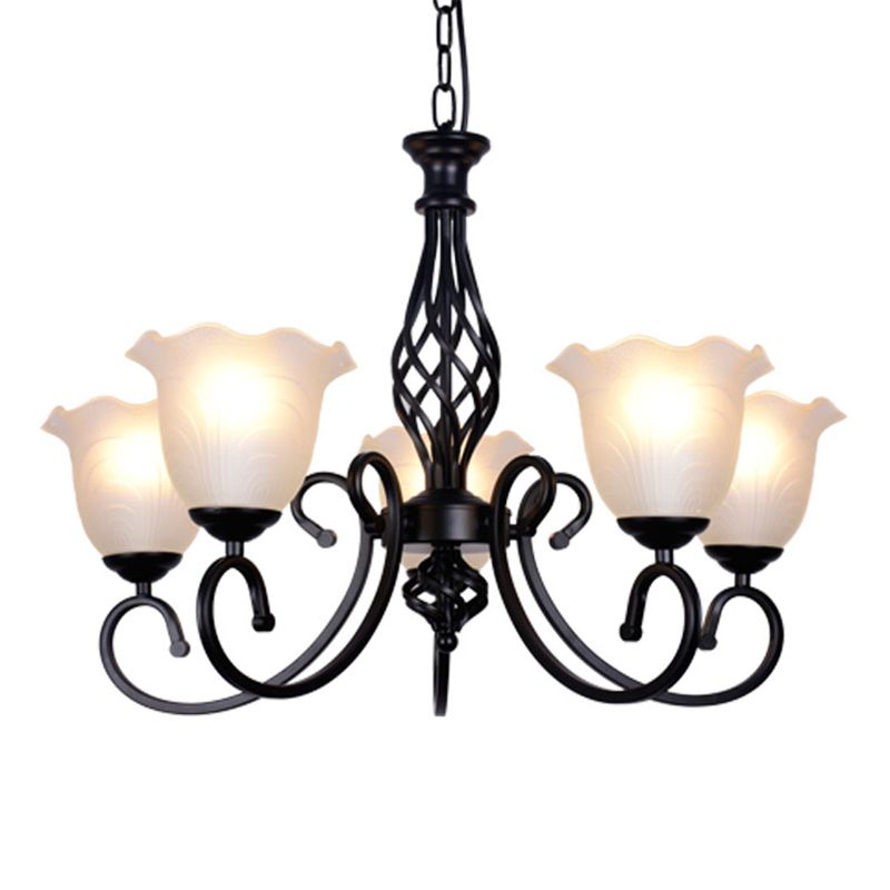 Ruffle Glass Floral Shade Chandelier Lighting Classic Living Room Pendant Light with Scroll Arm
