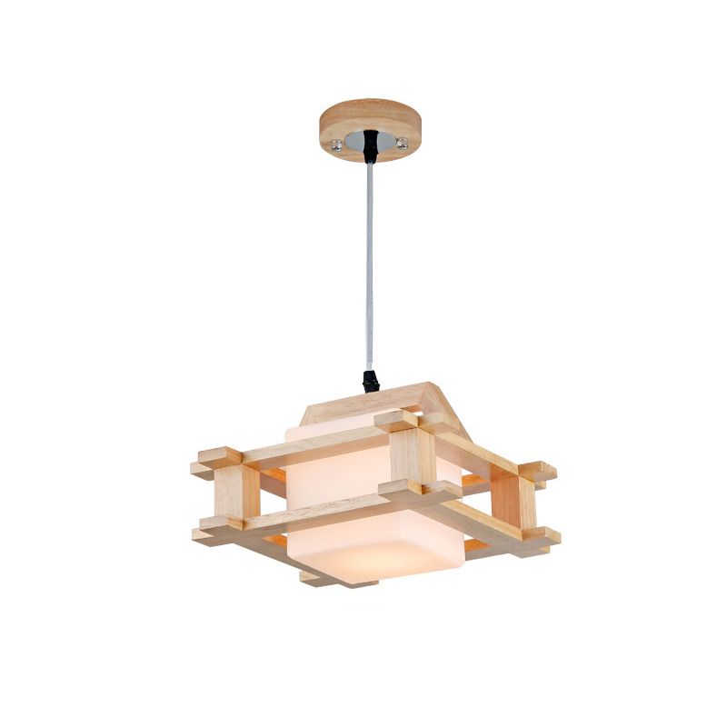 1-Licht-Esszimmer-Anhänger moderne Holzhängungschoner mit quadratischer weißer Glasschatten